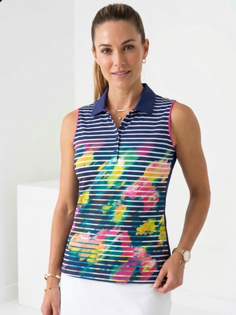 EP NY Golf Sleeveless Polo Shirt Inky Multi Striped Abstract Pop XS